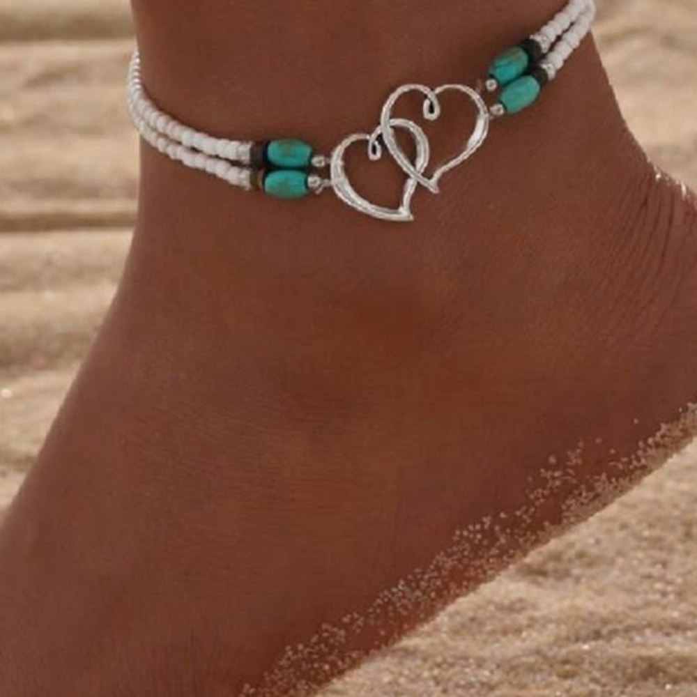 🛍 NEW 🛍PRETTY White beads double HEART ANKLET